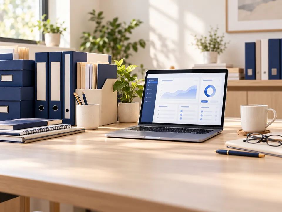 A sunlit desk with navy binders, archive boxes and filed folders beside a laptop showing a dashboard.