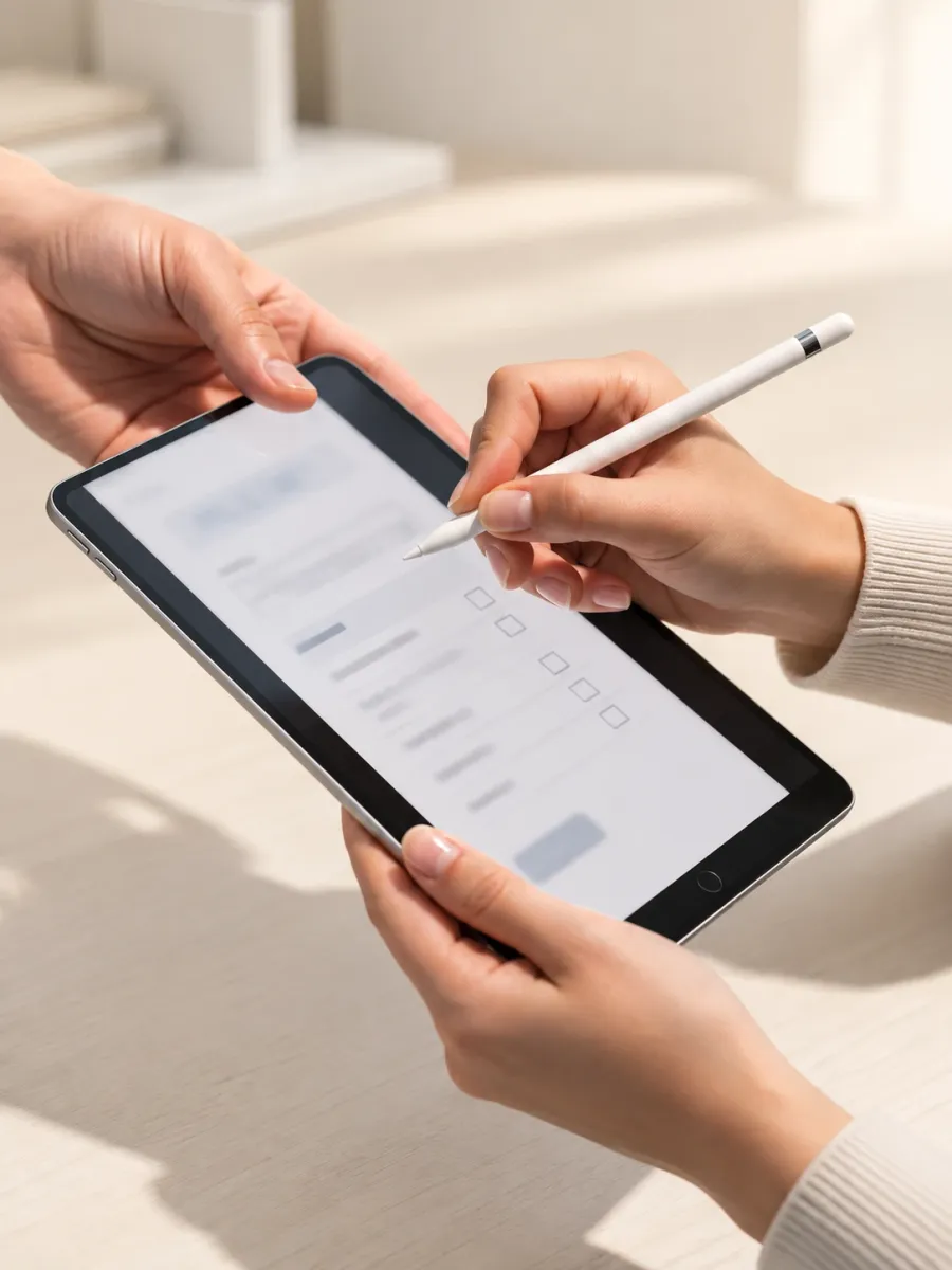 Two people signing a document on a tablet with a stylus.
