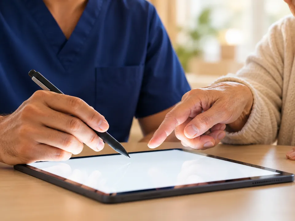 A nurse in navy scrubs holds a stylus over a blank tablet while an older woman points at the screen.