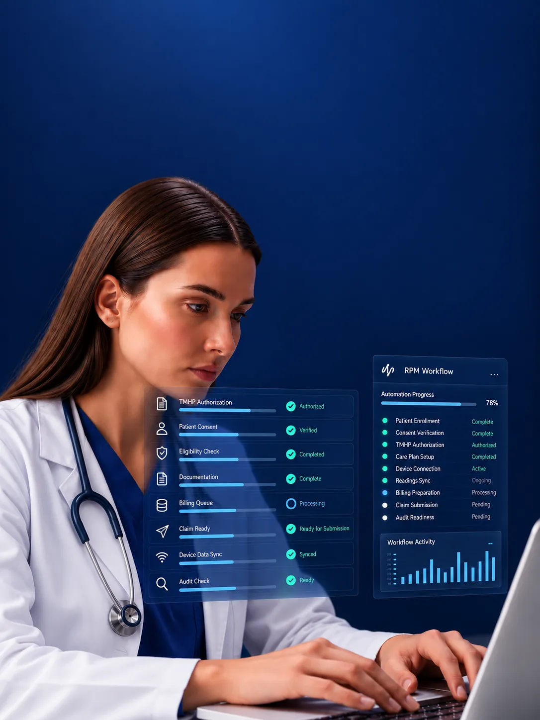 A stack of prior-authorization and claims paperwork beside a laptop showing those steps completed automatically.