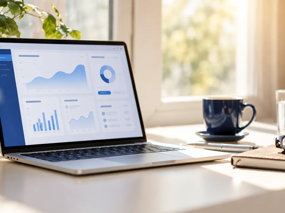 A laptop on a sunlit desk showing a dashboard of charts, next to a coffee cup and glasses.