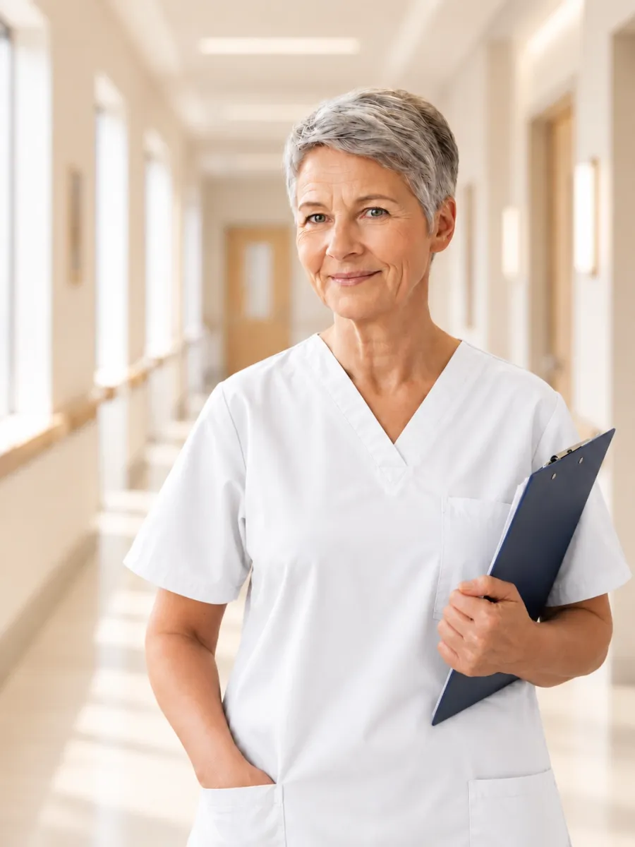 A nurse in white scrubs holding a clipboard, standing in a bright care-facility corridor.