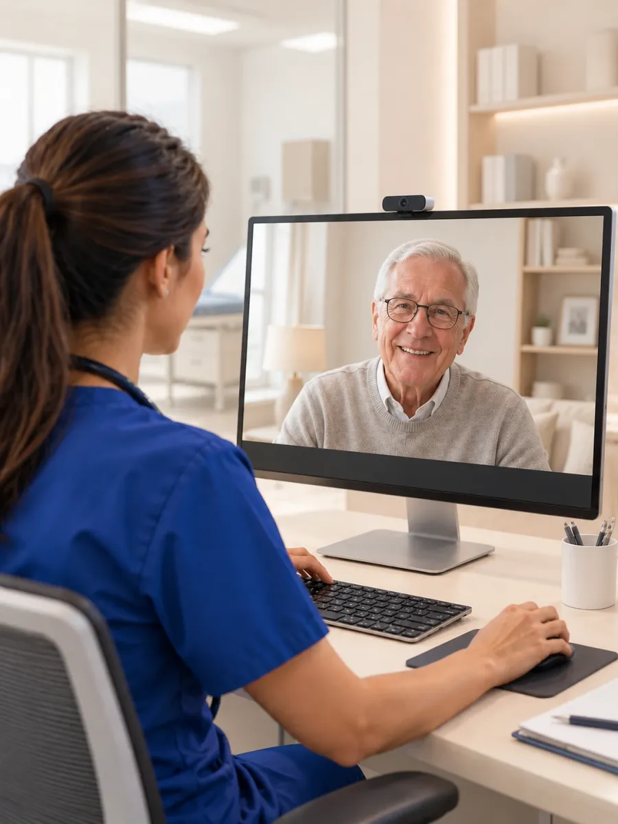 A nurse at a desk on a video call with an older patient who is at home.