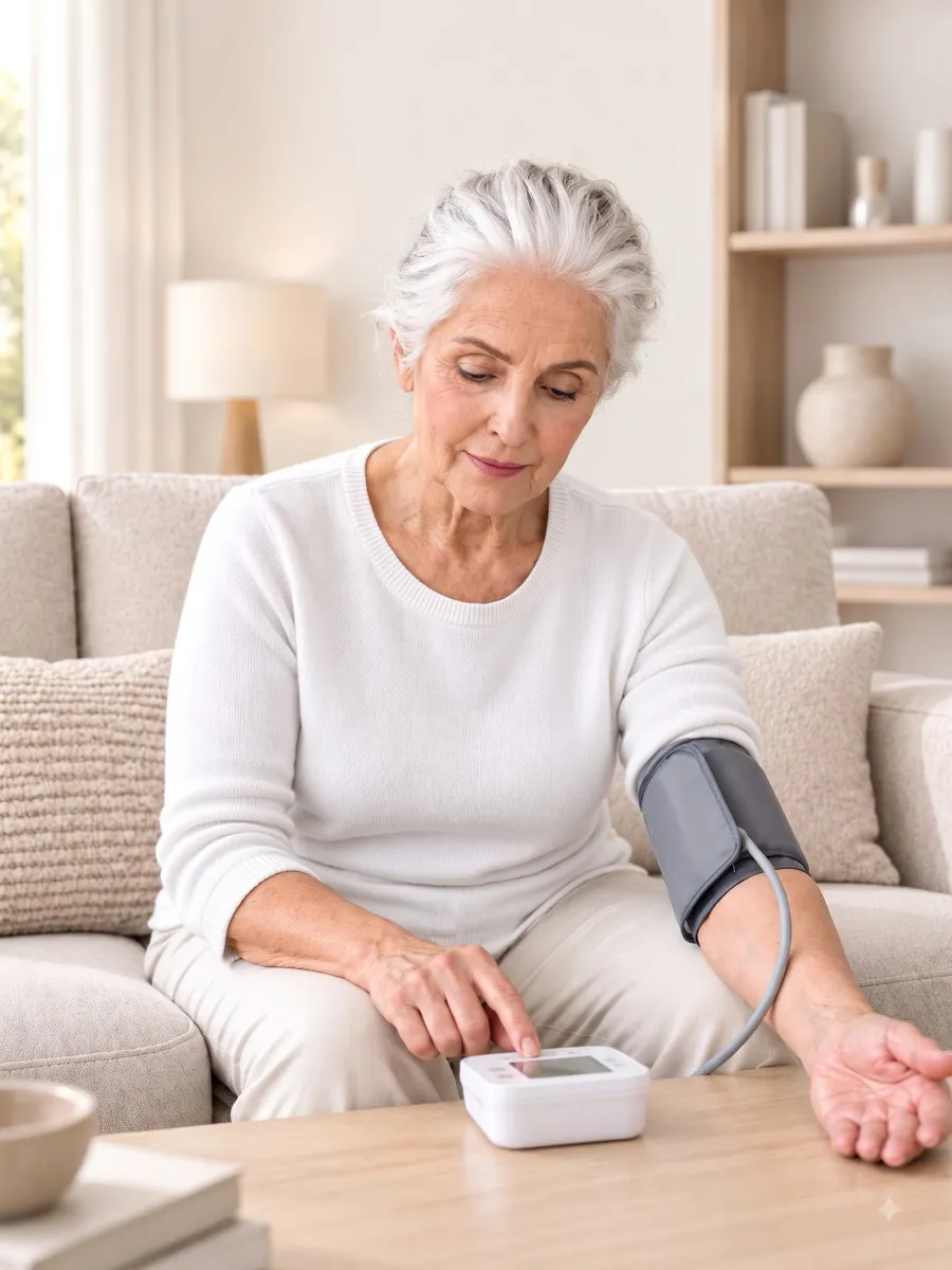 An older woman sitting on a sofa at home, taking her own blood pressure with a connected upper-arm cuff.