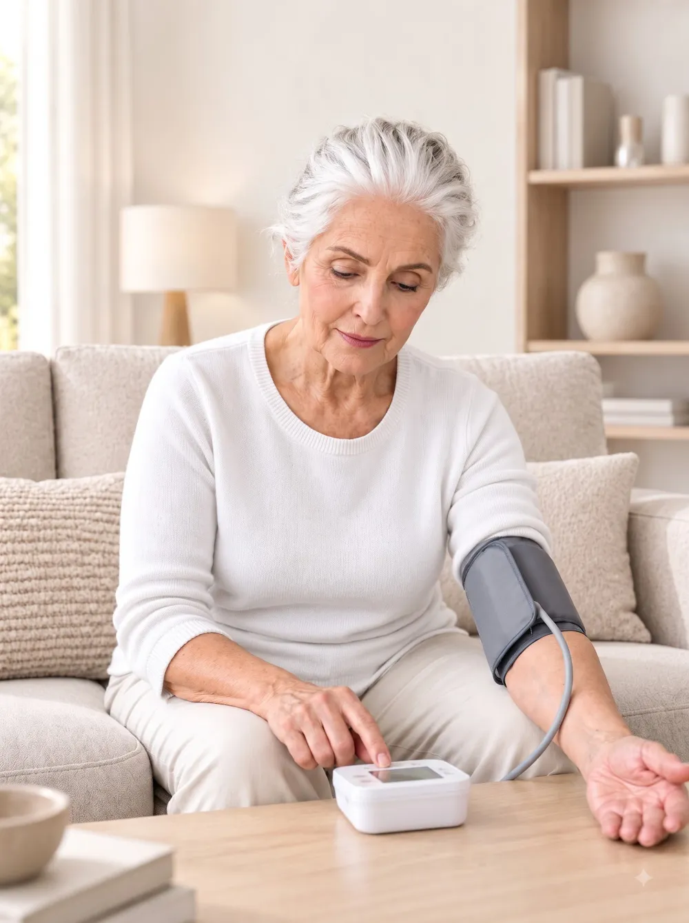 An older woman checking her own blood pressure at home on the sofa.