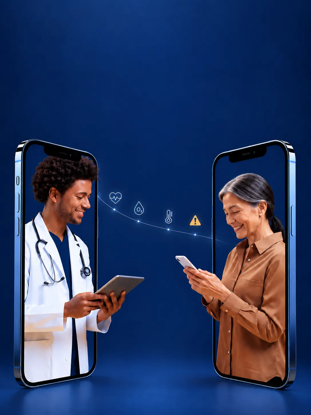 An older person wearing a fingertip pulse oximeter while a clinician reviews their live vitals on a tablet.