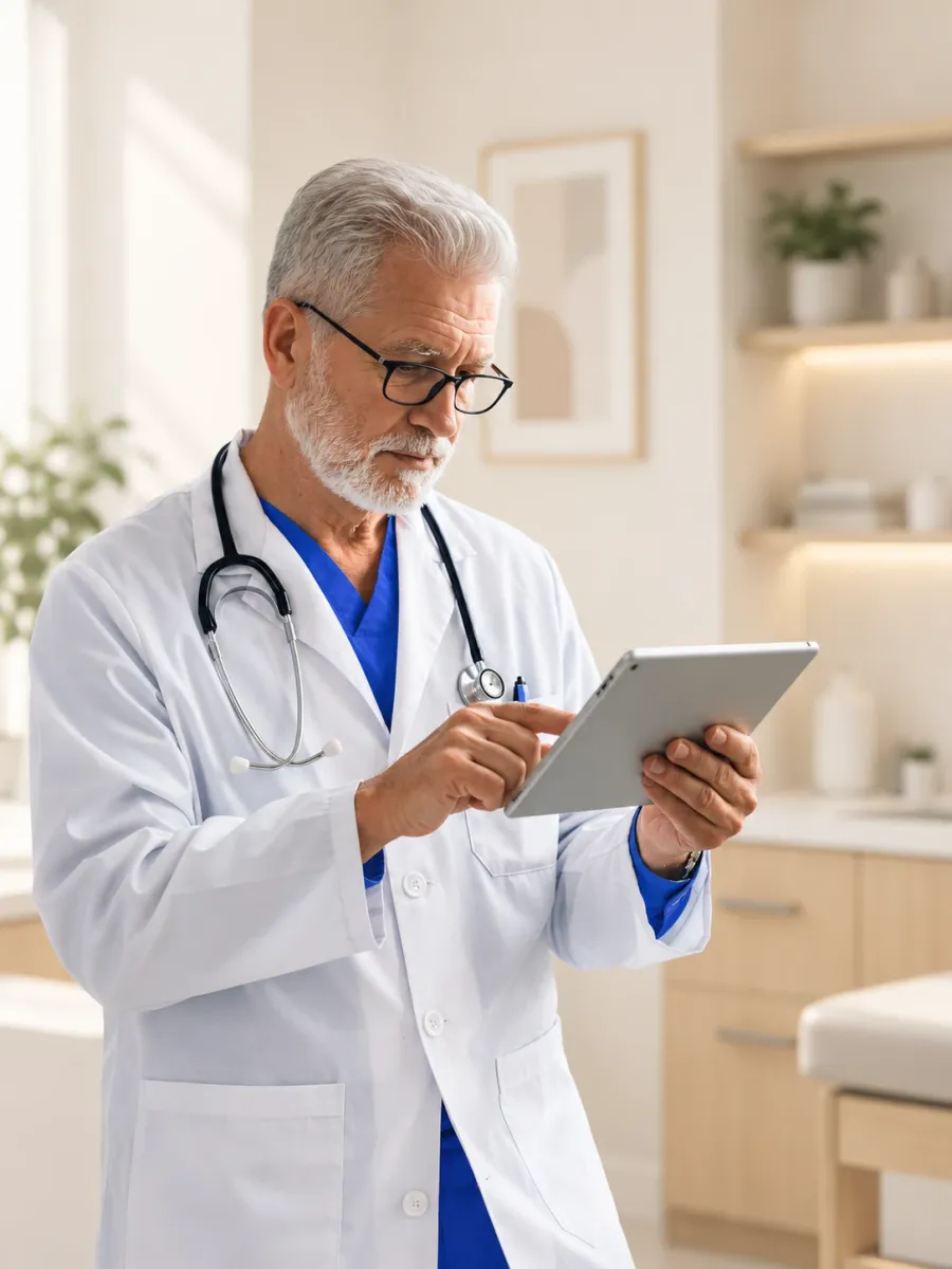 A doctor in a white coat and stethoscope reviewing a patient record on a tablet.