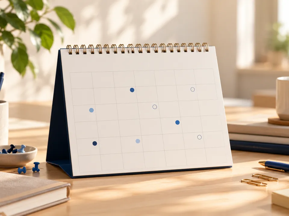 A desk calendar with blue dots marked on several days, beside pens, push pins and a mug.