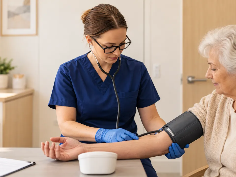 A nurse in navy scrubs and blue gloves fits a blood pressure cuff on an older woman’s arm.