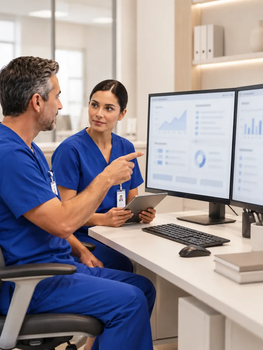 Two clinicians at a desk reviewing a table of patient readings on a monitor.