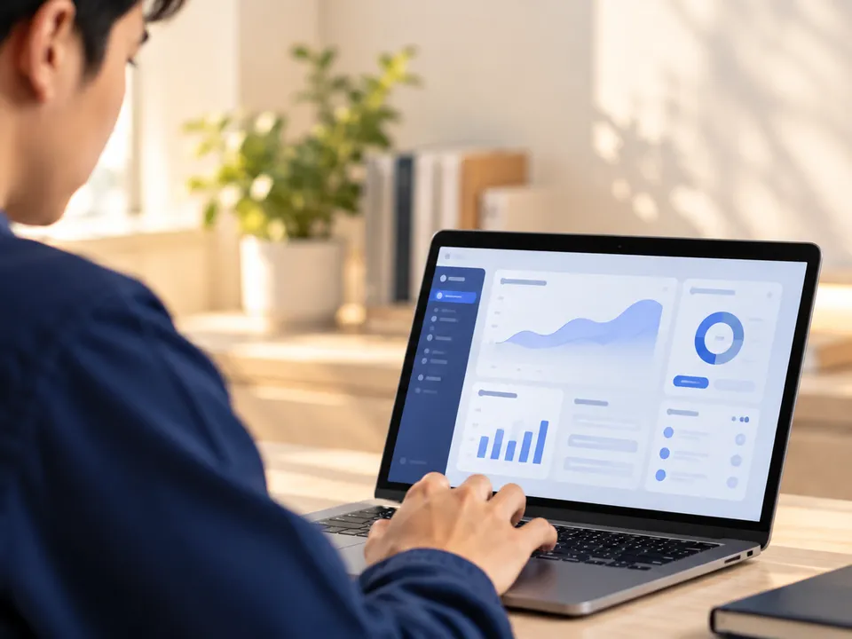 A person in a navy shirt works at a laptop showing a dashboard of charts.