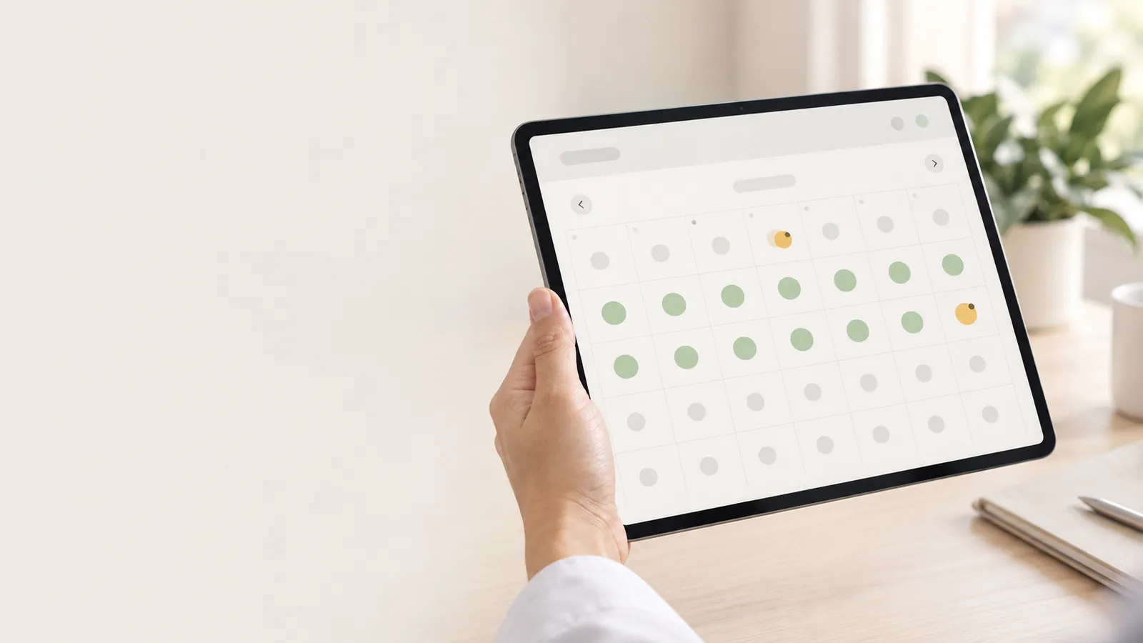 A tablet showing a monitoring dashboard with a month of reading days marked.